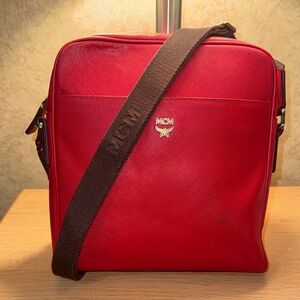 MCM Red Leather Messenger Bag with Brown Strap EUC